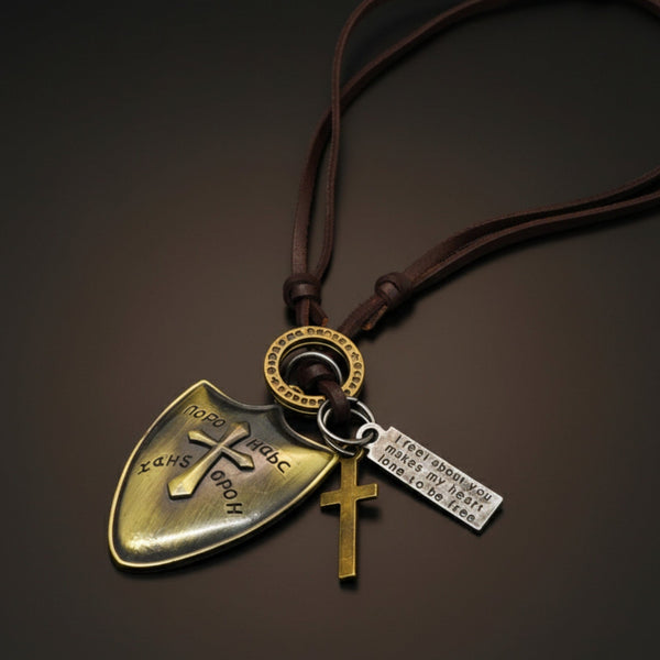 VALORBORN SHIELD – 2-Inch Pure Stainless Steel Pendant with Adjustable Leather Rope for Men & Boys