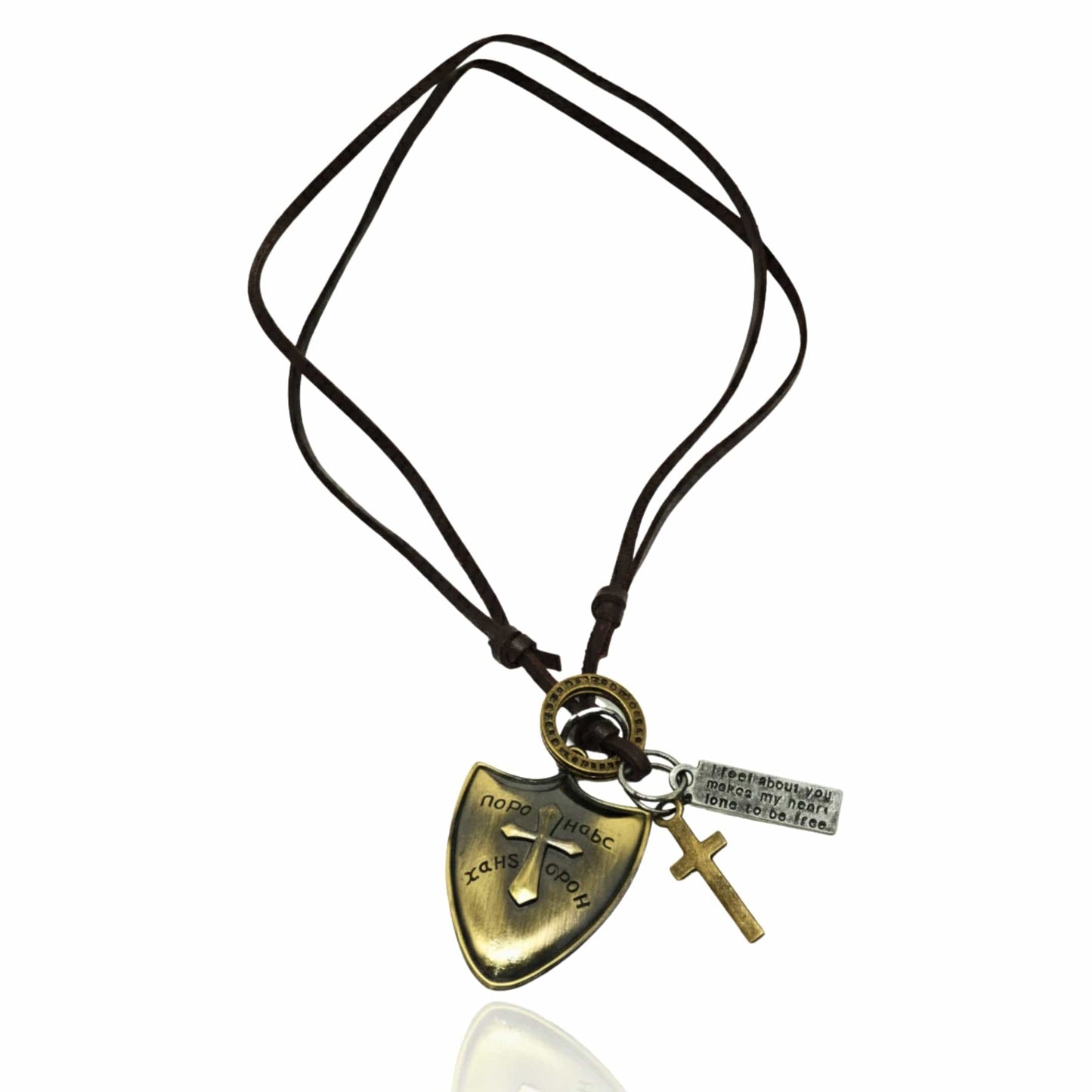 THE MEN THING Leather Necklace VALORBORN SHIELD – 2-Inch Pure Stainless Steel Pendant with Adjustable Leather Rope for Men & Boys