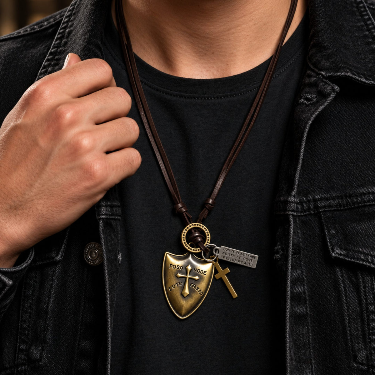 THE MEN THING Leather Necklace VALORBORN SHIELD – 2-Inch Pure Stainless Steel Pendant with Adjustable Leather Rope for Men & Boys