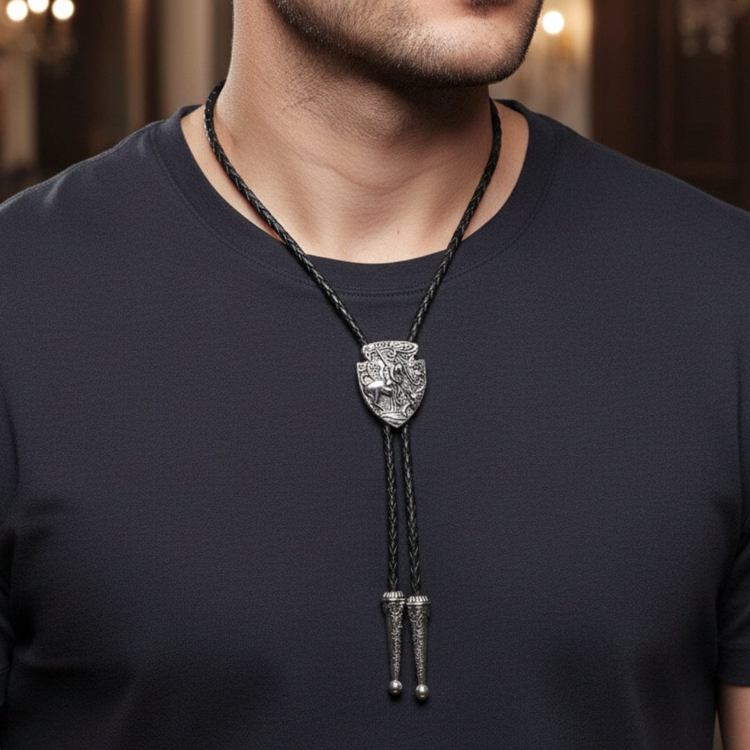 THE MEN THING Leather Necklace VANGUARD - Retro Alloy Pendant Bolo Tie | Adjustable Genuine Leather Cowboy Necktie Necklace for Men & Boys