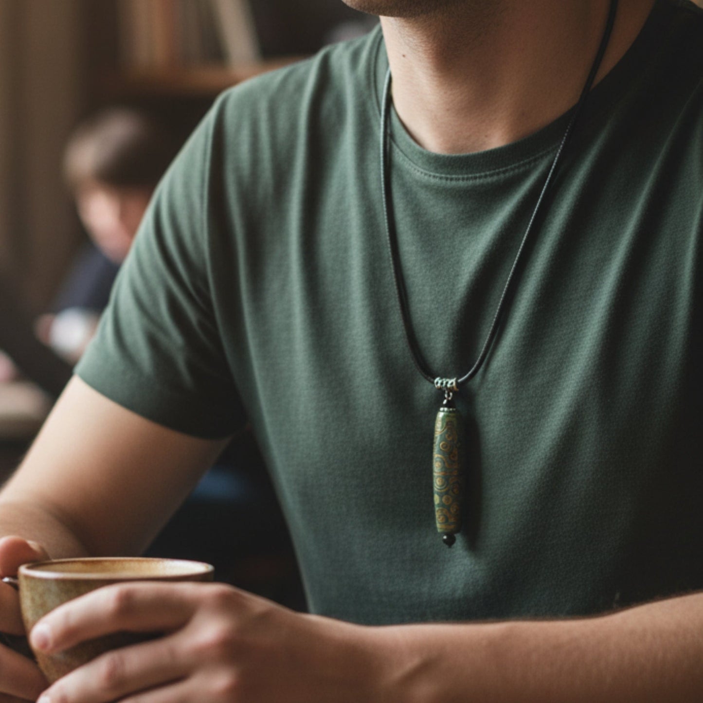 THE MEN THING Leather Necklace Verdant Guardian – 3-Inch Natural Crystal Pendant with 28-Inch Leather Rope for Men & Boys