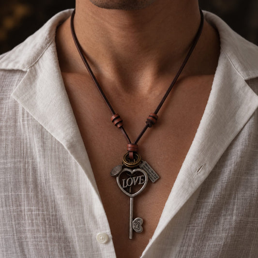 THE MEN THING Leather Necklace Vintage Alloy Key Heart Ring Pendant with Adjustable Pure Dark Orange Leather Cord Necklace for Men & Boys