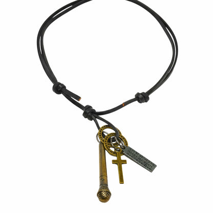 THE MEN THING Leather Necklace VINTAGE MIC CHARM – 2-Inch Pure Stainless Steel Pendant with Adjustable Leather Rope for Men & Boys