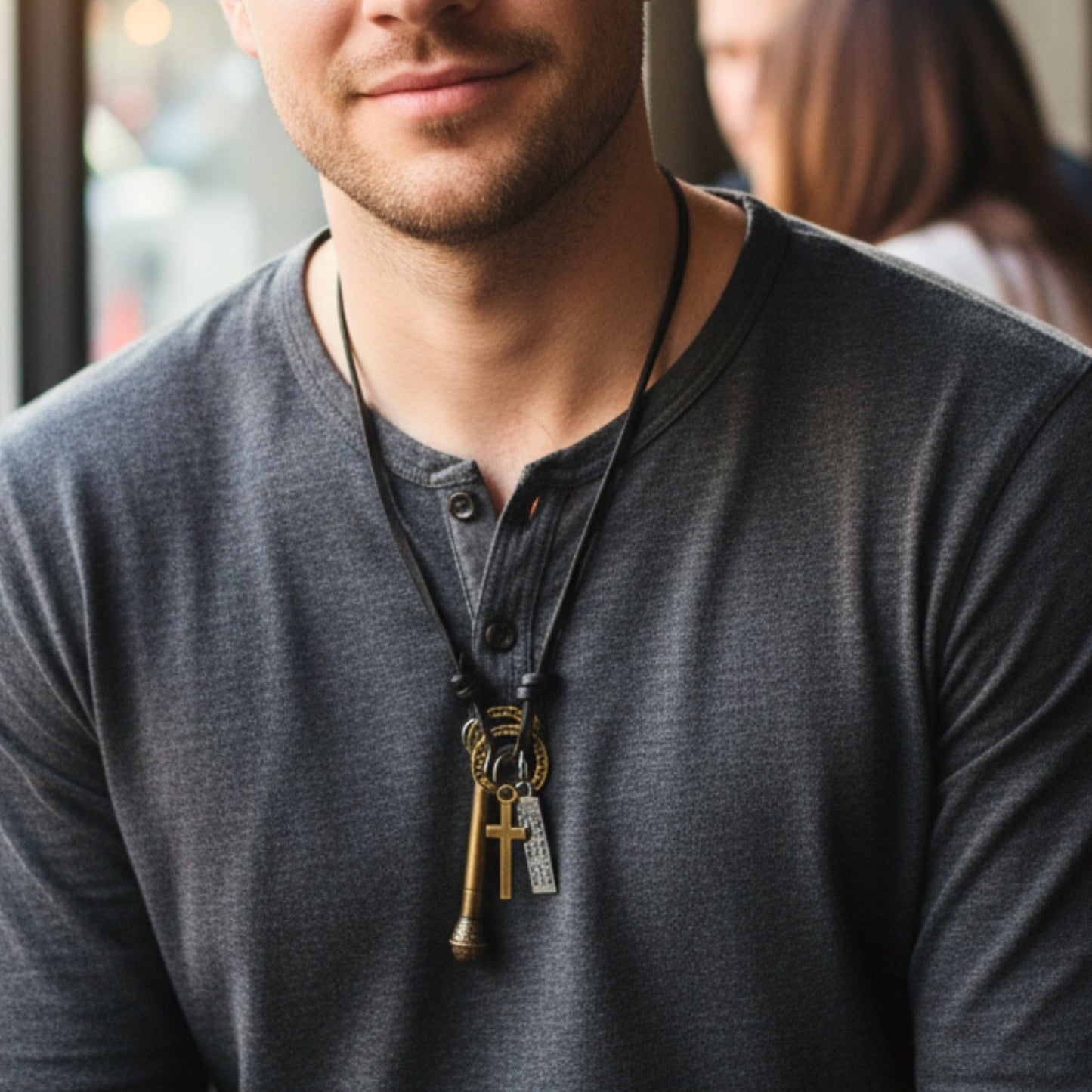 THE MEN THING Leather Necklace VINTAGE MIC CHARM – 2-Inch Pure Stainless Steel Pendant with Adjustable Leather Rope for Men & Boys