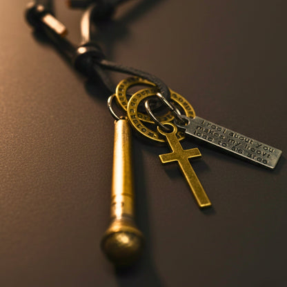 THE MEN THING Leather Necklace VINTAGE MIC CHARM – 2-Inch Pure Stainless Steel Pendant with Adjustable Leather Rope for Men & Boys