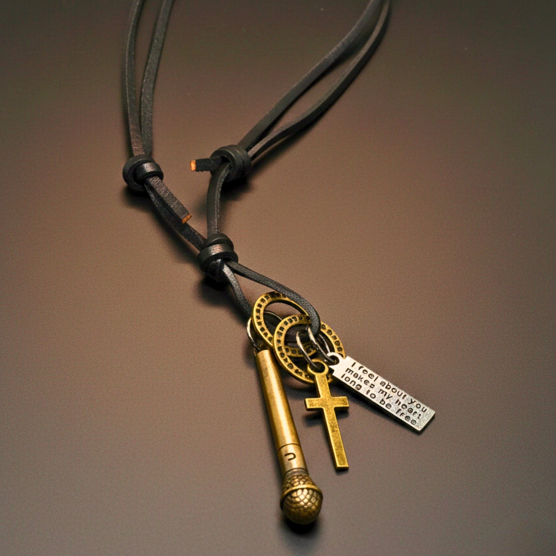 THE MEN THING Leather Necklace VINTAGE MIC CHARM – 2-Inch Pure Stainless Steel Pendant with Adjustable Leather Rope for Men & Boys