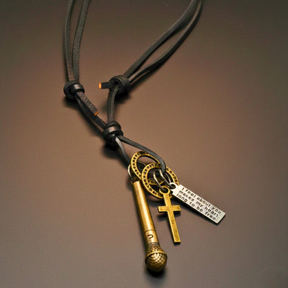 THE MEN THING Leather Necklace VINTAGE MIC CHARM – 2-Inch Pure Stainless Steel Pendant with Adjustable Leather Rope for Men & Boys