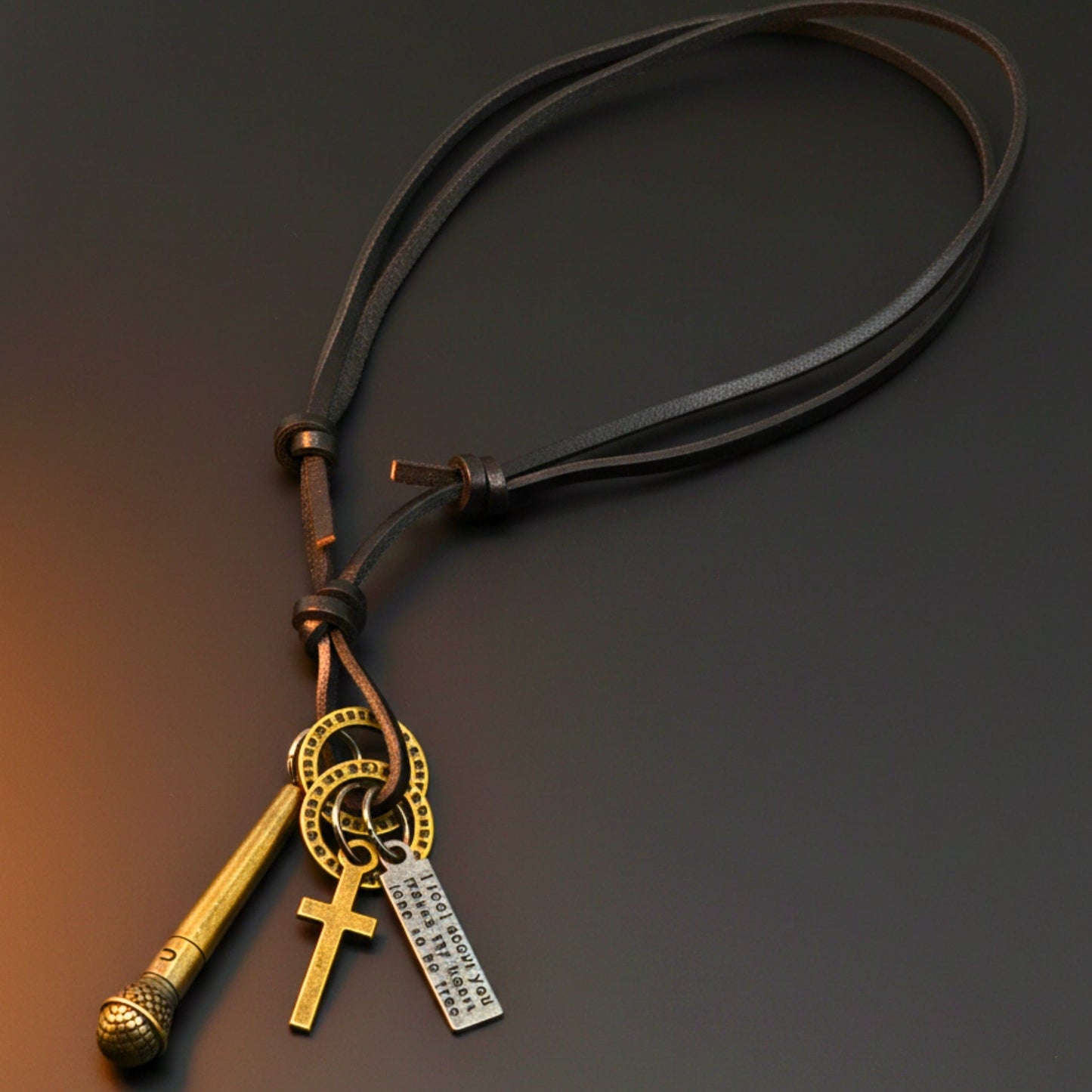 THE MEN THING Leather Necklace VINTAGE MIC CHARM – 2-Inch Pure Stainless Steel Pendant with Adjustable Leather Rope for Men & Boys