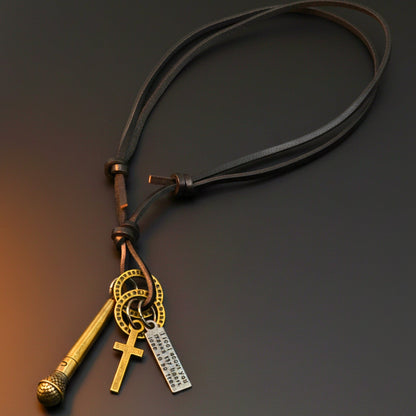 THE MEN THING Leather Necklace VINTAGE MIC CHARM – 2-Inch Pure Stainless Steel Pendant with Adjustable Leather Rope for Men & Boys