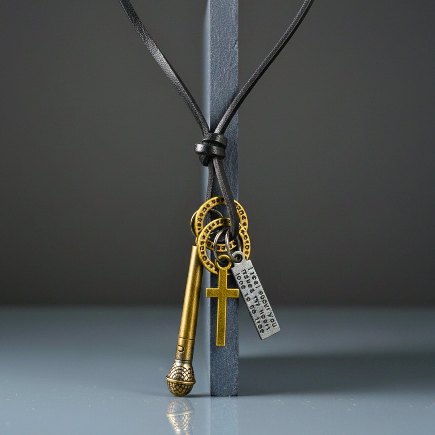 THE MEN THING Leather Necklace VINTAGE MIC CHARM – 2-Inch Pure Stainless Steel Pendant with Adjustable Leather Rope for Men & Boys