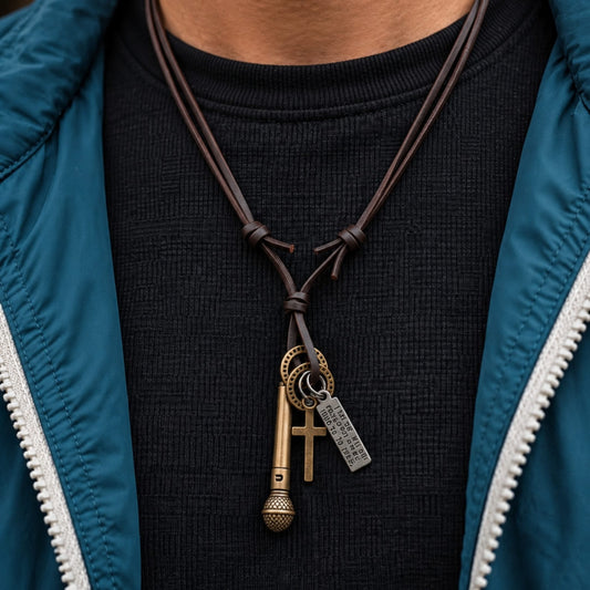 THE MEN THING Leather Necklace VINTAGE MIC CHARM – 2-Inch Pure Stainless Steel Pendant with Adjustable Leather Rope for Men & Boys