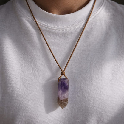 THE MEN THING Leather Necklace VIOLET APEX - Natural Crystal Unshaped Pendant with Adjustable Rope Chain for Men and Boys