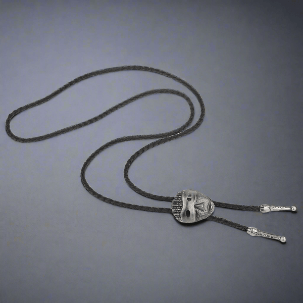 VISAGE MASK - Retro Alloy Pendant Bolo Tie | Adjustable Genuine Leather Cowboy Necktie Necklace for Men & Boys