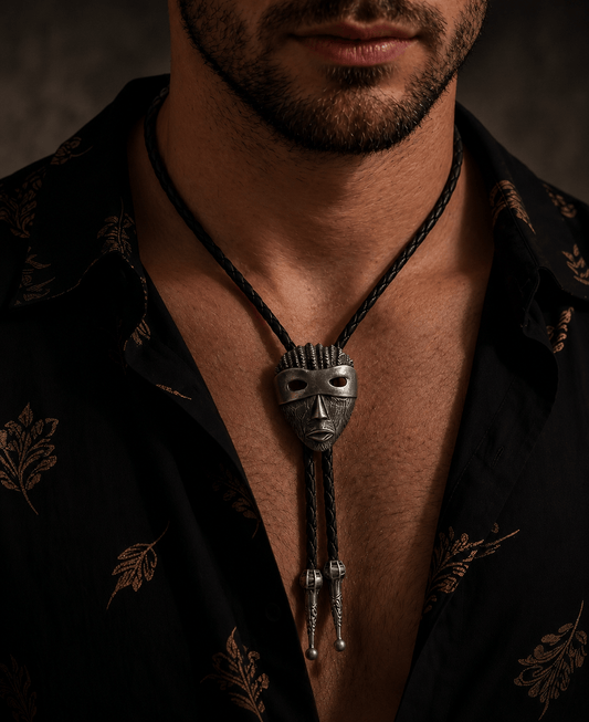 THE MEN THING Leather Necklace VISAGE MASK - Retro Alloy Pendant Bolo Tie | Adjustable Genuine Leather Cowboy Necktie Necklace for Men & Boys