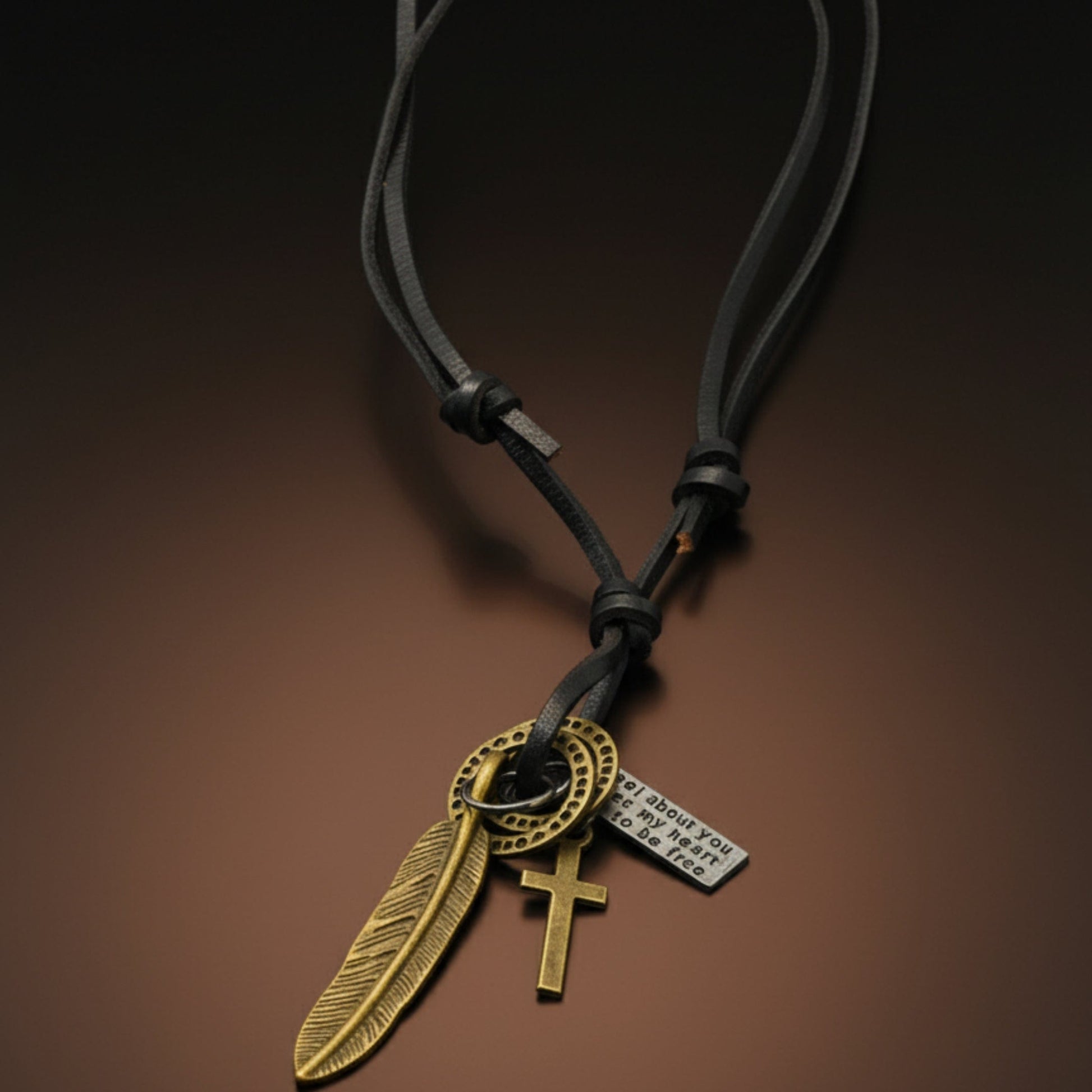 THE MEN THING Leather Necklace WANDERER’S FAITH - Brass Gold – 2.3-Inch Pure Stainless Steel Pendant with Adjustable Leather Rope for Men & Boys