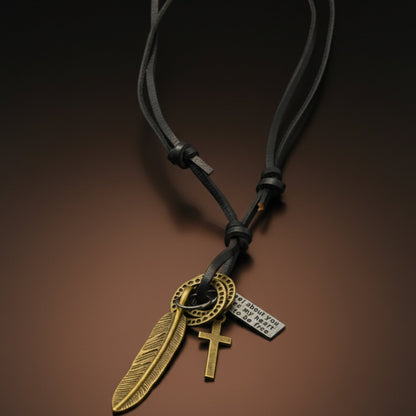 THE MEN THING Leather Necklace WANDERER’S FAITH - Brass Gold – 2.3-Inch Pure Stainless Steel Pendant with Adjustable Leather Rope for Men & Boys