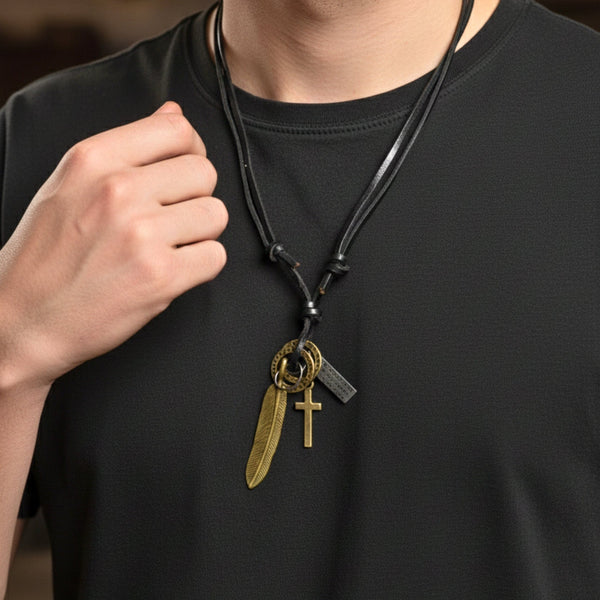 WANDERER’S FAITH - Brass Gold – 2.3-Inch Pure Stainless Steel Pendant with Adjustable Leather Rope for Men & Boys