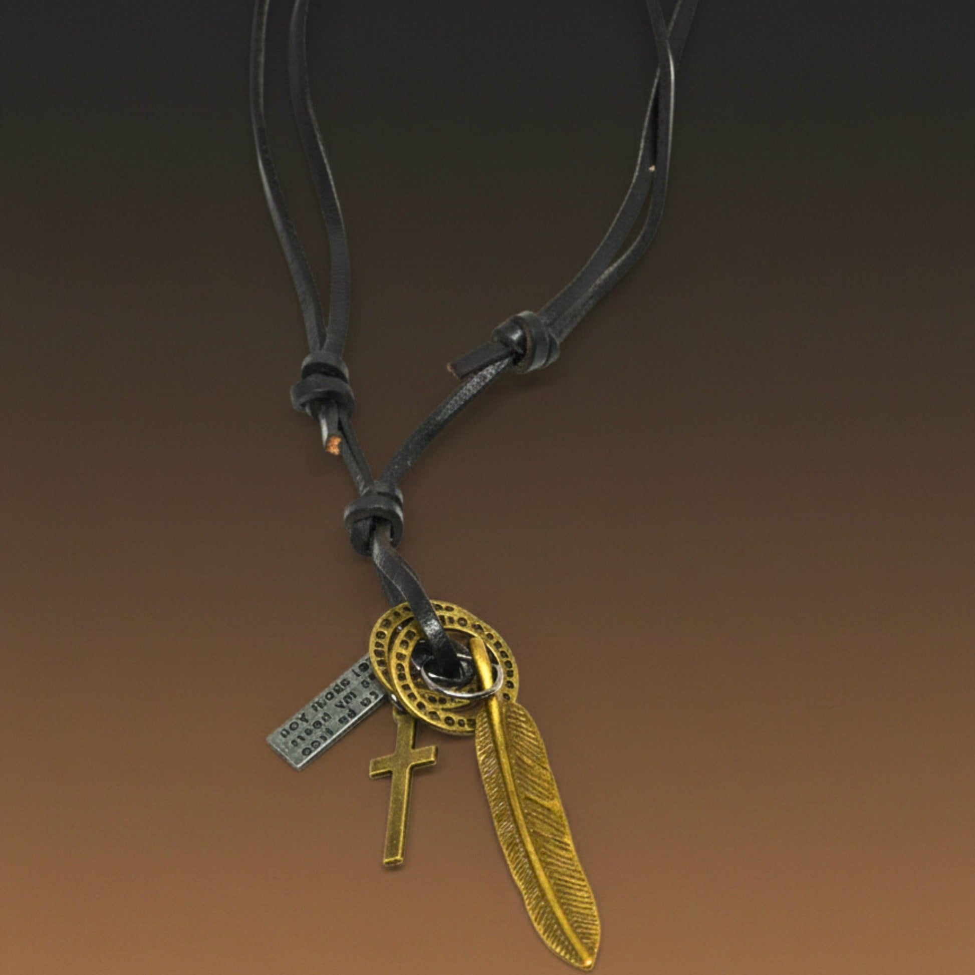 THE MEN THING Leather Necklace WANDERER’S FAITH - Brass Gold – 2.3-Inch Pure Stainless Steel Pendant with Adjustable Leather Rope for Men & Boys