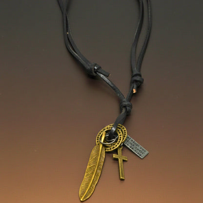 THE MEN THING Leather Necklace WANDERER’S FAITH - Brass Gold – 2.3-Inch Pure Stainless Steel Pendant with Adjustable Leather Rope for Men & Boys