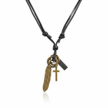 THE MEN THING Leather Necklace WANDERER’S FAITH - Brass Gold – 2.3-Inch Pure Stainless Steel Pendant with Adjustable Leather Rope for Men & Boys