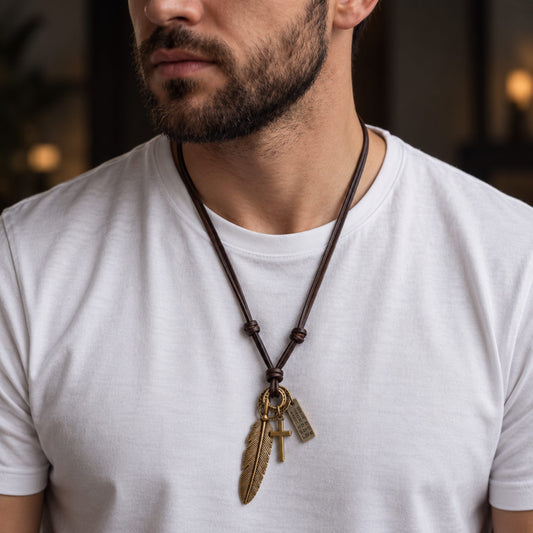 THE MEN THING Leather Necklace WANDERER’S FAITH - Brass Gold – 2.3-Inch Pure Stainless Steel Pendant with Adjustable Leather Rope for Men & Boys