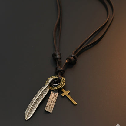 THE MEN THING Leather Necklace WANDERER’S FAITH - SILVER – 2.3-Inch Pure Stainless Steel Pendant with Adjustable Leather Rope for Men & Boys