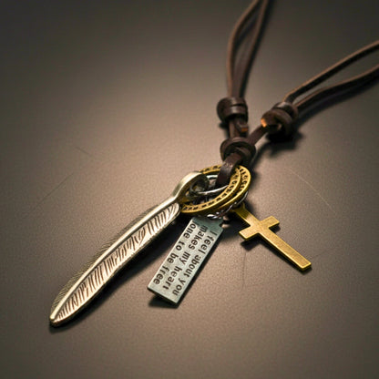 THE MEN THING Leather Necklace WANDERER’S FAITH - SILVER – 2.3-Inch Pure Stainless Steel Pendant with Adjustable Leather Rope for Men & Boys