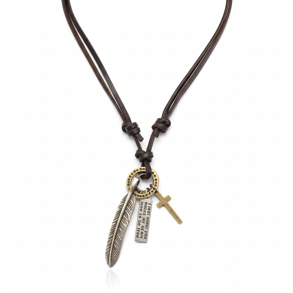 THE MEN THING Leather Necklace WANDERER’S FAITH - SILVER – 2.3-Inch Pure Stainless Steel Pendant with Adjustable Leather Rope for Men & Boys