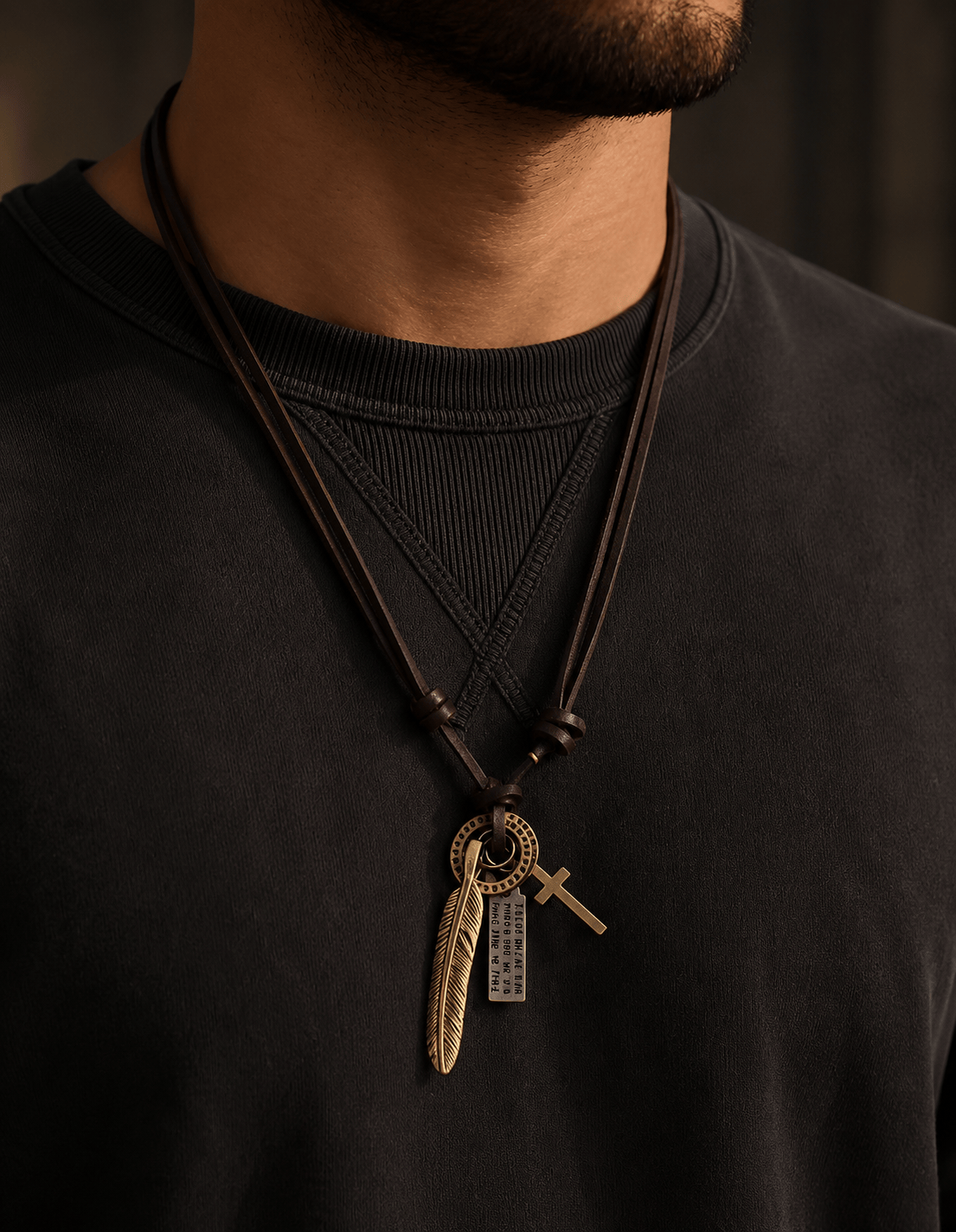 THE MEN THING Leather Necklace WANDERER’S FAITH - SILVER – 2.3-Inch Pure Stainless Steel Pendant with Adjustable Leather Rope for Men & Boys