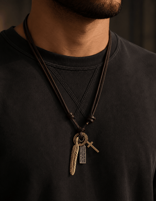 THE MEN THING Leather Necklace WANDERER’S FAITH - SILVER – 2.3-Inch Pure Stainless Steel Pendant with Adjustable Leather Rope for Men & Boys