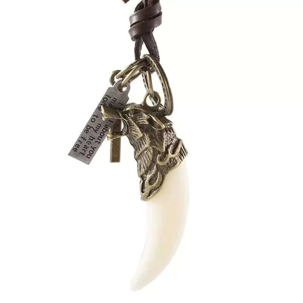 WHITE LOVE - Vintage Alloy Gold Wolf Fang Pendant with Adjustable Pure Leather Cord Necklace for Men & Boys