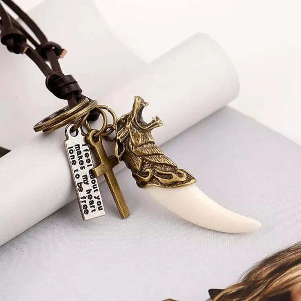 WHITE LOVE - Vintage Alloy Gold Wolf Fang Pendant with Adjustable Pure Leather Cord Necklace for Men & Boys