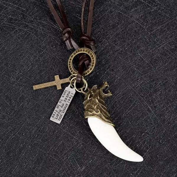 WHITE LOVE - Vintage Alloy Gold Wolf Fang Pendant with Adjustable Pure Leather Cord Necklace for Men & Boys