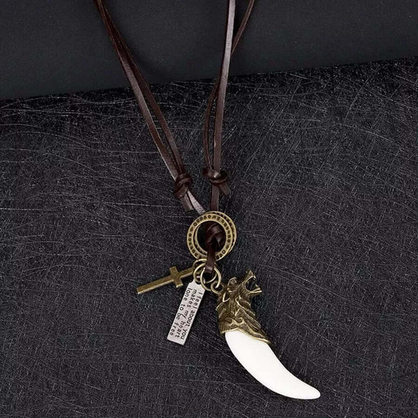 WHITE LOVE - Vintage Alloy Gold Wolf Fang Pendant with Adjustable Pure Leather Cord Necklace for Men & Boys