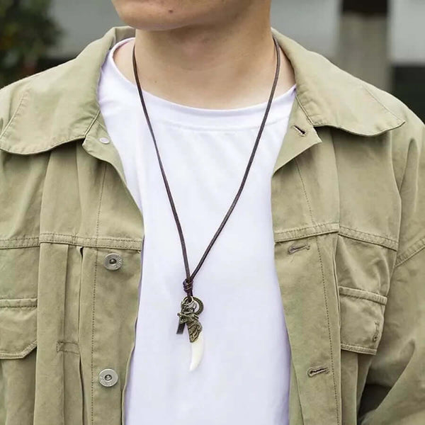 WHITE LOVE - Vintage Alloy Gold Wolf Fang Pendant with Adjustable Pure Leather Cord Necklace for Men & Boys