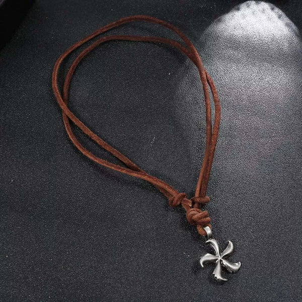 WINDMILL BROWN - Vintage Alloy Windmill Pendant with Adjustable Pure Leather Cord Necklace for Men & Boys