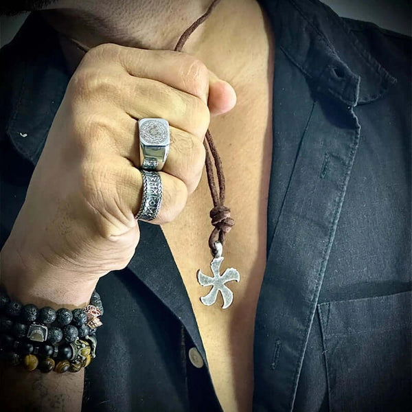 WINDMILL BROWN - Vintage Alloy Windmill Pendant with Adjustable Pure Leather Cord Necklace for Men & Boys