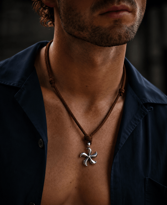 THE MEN THING Leather Necklace WINDMILL BROWN - Vintage Alloy Windmill Pendant with Adjustable Pure Leather Cord Necklace for Men & Boys