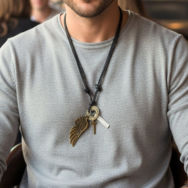 WINGS OF FAITH – 2-Inch Pure Stainless Steel Pendant with Adjustable Leather Rope for Men & Boys
