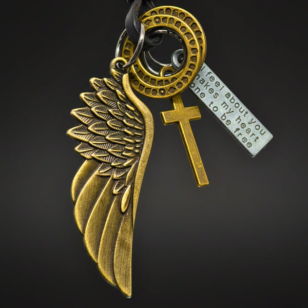 WINGS OF FAITH – 2-Inch Pure Stainless Steel Pendant with Adjustable Leather Rope for Men & Boys