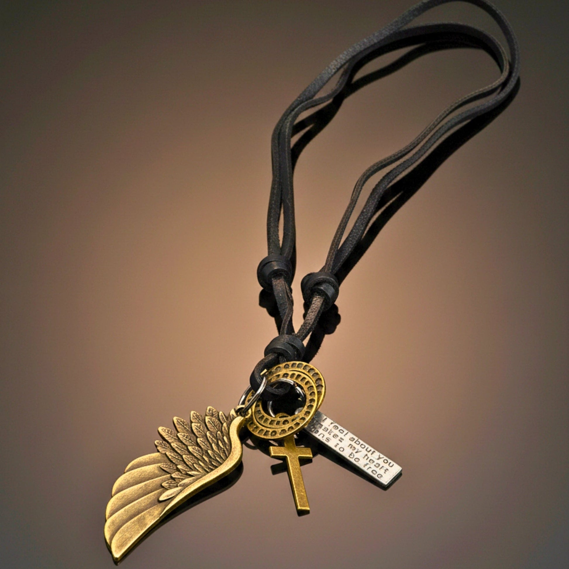 THE MEN THING Leather Necklace WINGS OF FAITH – 2-Inch Pure Stainless Steel Pendant with Adjustable Leather Rope for Men & Boys