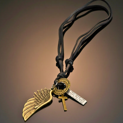 THE MEN THING Leather Necklace WINGS OF FAITH – 2-Inch Pure Stainless Steel Pendant with Adjustable Leather Rope for Men & Boys