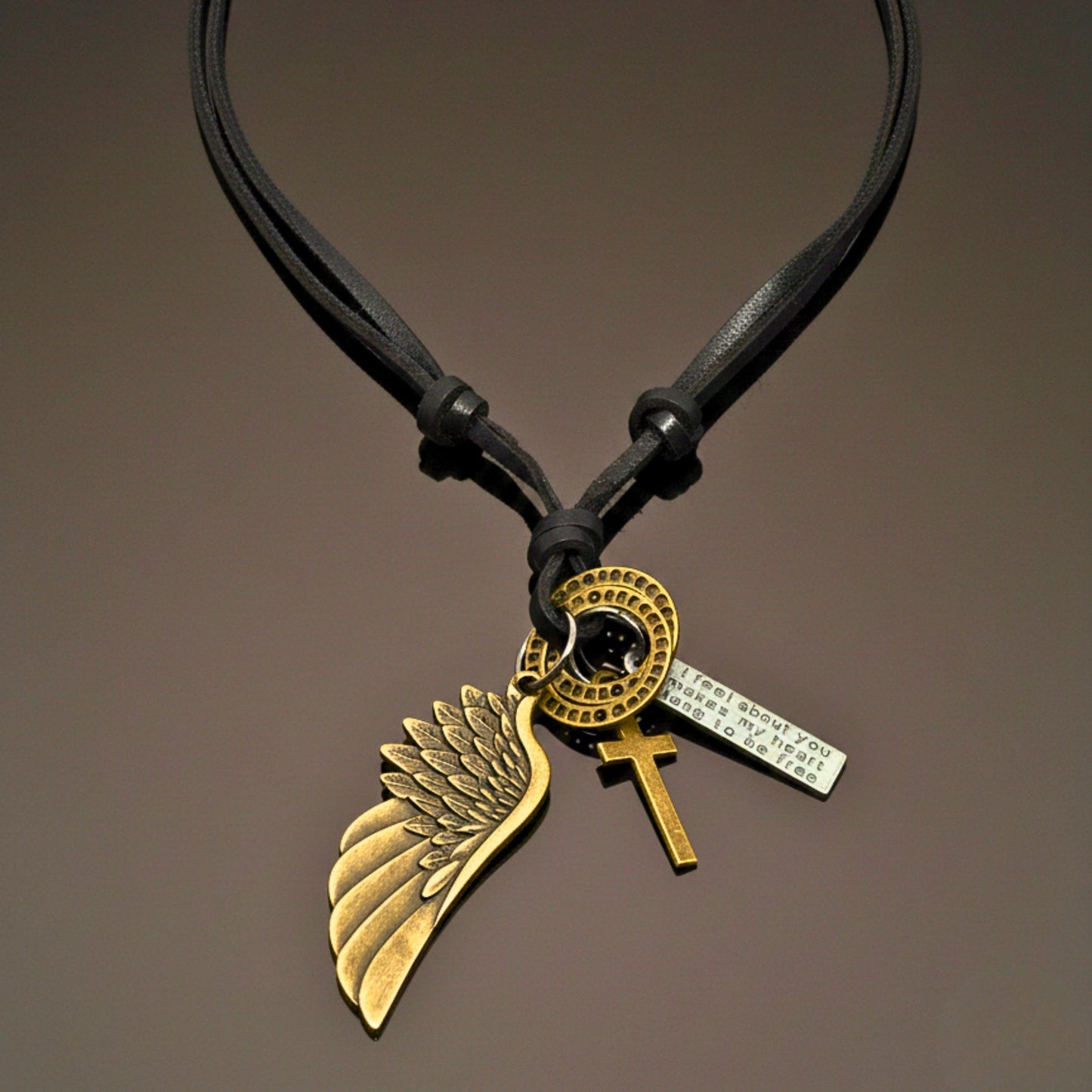 THE MEN THING Leather Necklace WINGS OF FAITH – 2-Inch Pure Stainless Steel Pendant with Adjustable Leather Rope for Men & Boys