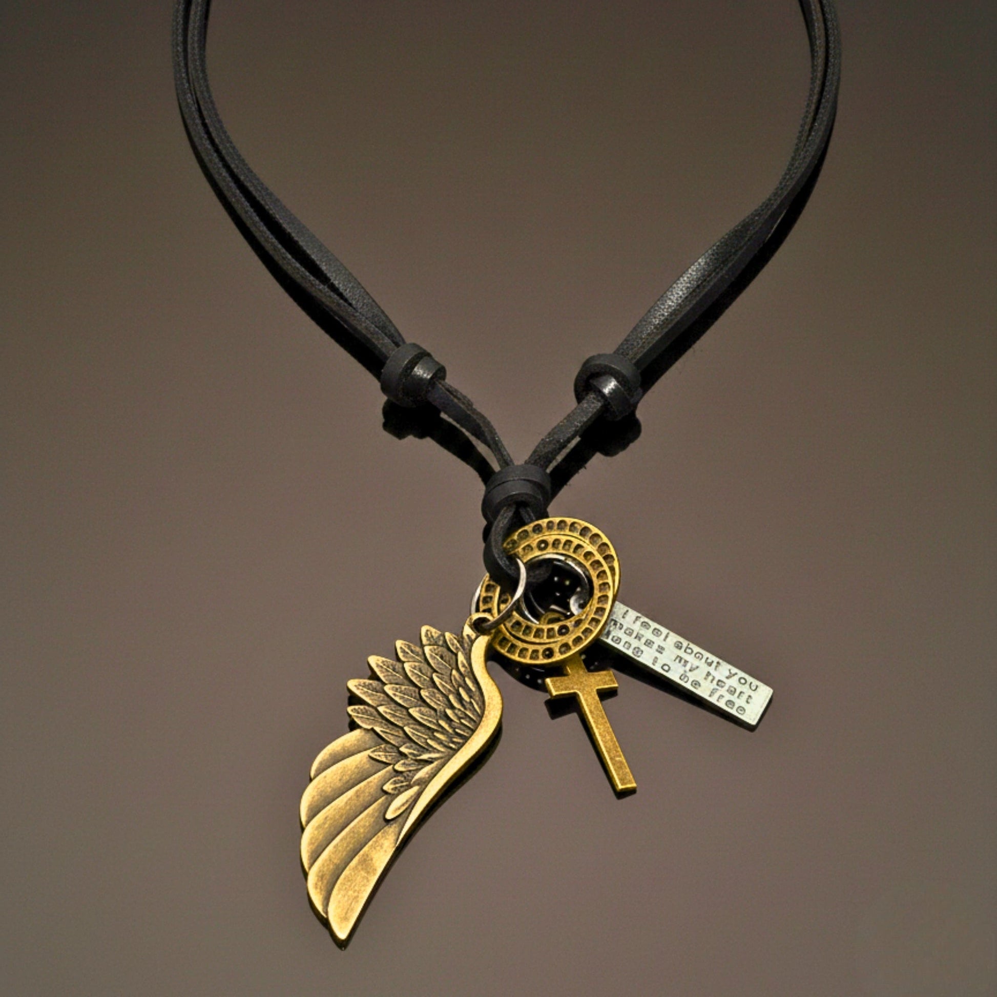 THE MEN THING Leather Necklace WINGS OF FAITH – 2-Inch Pure Stainless Steel Pendant with Adjustable Leather Rope for Men & Boys