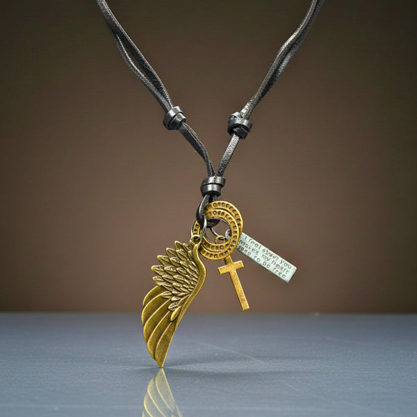 WINGS OF FAITH – 2-Inch Pure Stainless Steel Pendant with Adjustable Leather Rope for Men & Boys