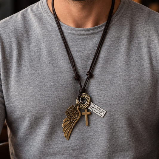 THE MEN THING Leather Necklace WINGS OF FAITH – 2-Inch Pure Stainless Steel Pendant with Adjustable Leather Rope for Men & Boys