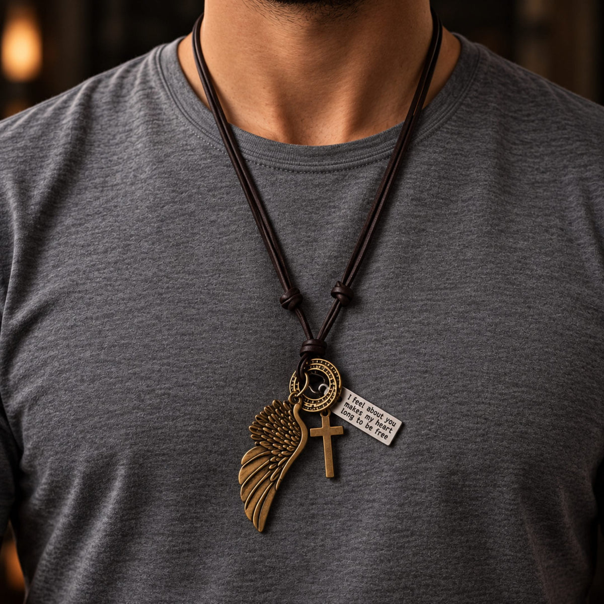 THE MEN THING Leather Necklace WINGS OF FAITH – 2-Inch Pure Stainless Steel Pendant with Adjustable Leather Rope for Men & Boys