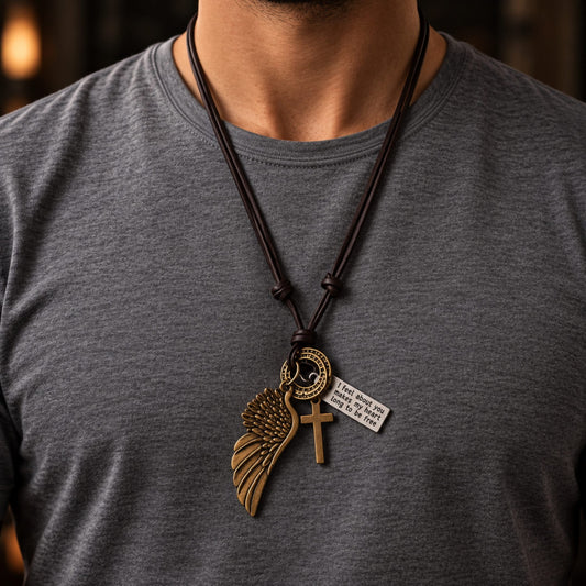 THE MEN THING Leather Necklace WINGS OF FAITH – 2-Inch Pure Stainless Steel Pendant with Adjustable Leather Rope for Men & Boys