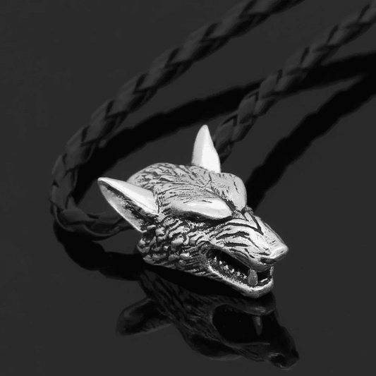 THE MEN THING Leather Necklace WOLF HEAD SILVER - Alloy Pendant with 24inch Leather Cord Chain for Men & Boy