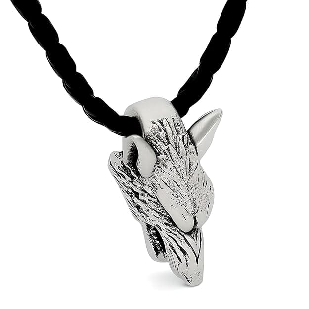 THE MEN THING Leather Necklace WOLF HEAD SILVER - Alloy Pendant with 24inch Leather Cord Chain for Men & Boy